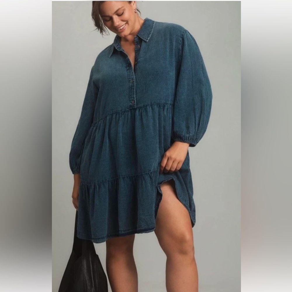 Anthropologie The Bettina Tiered Mini Shirt Dress Denim Button Pockets Blue - Picture 5 of 8